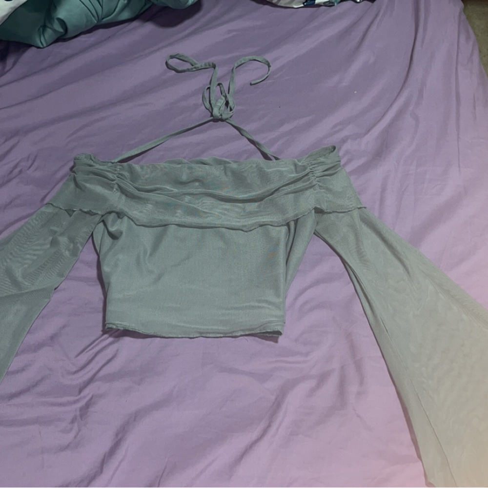 Of the shoulder grey crop top